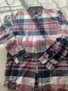 Men's Casual Plaid Button-Down Shirt in Red, Blue & White